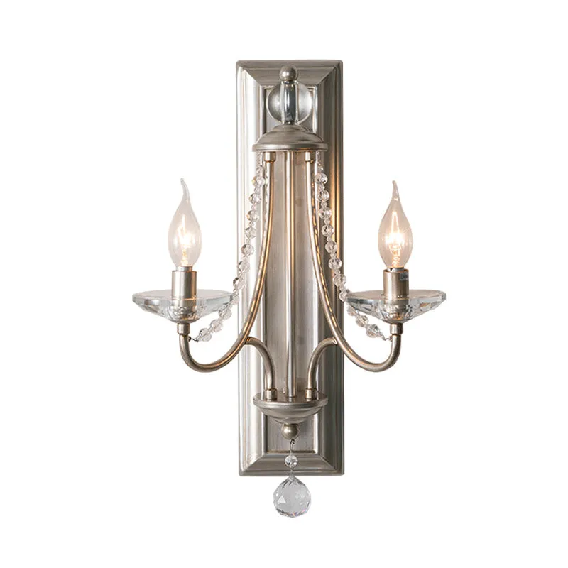2-Light Crystal Ball Wall Sconce for Bedroom, Rural Gold/Silver Metal Candle Style Lighting Fixture