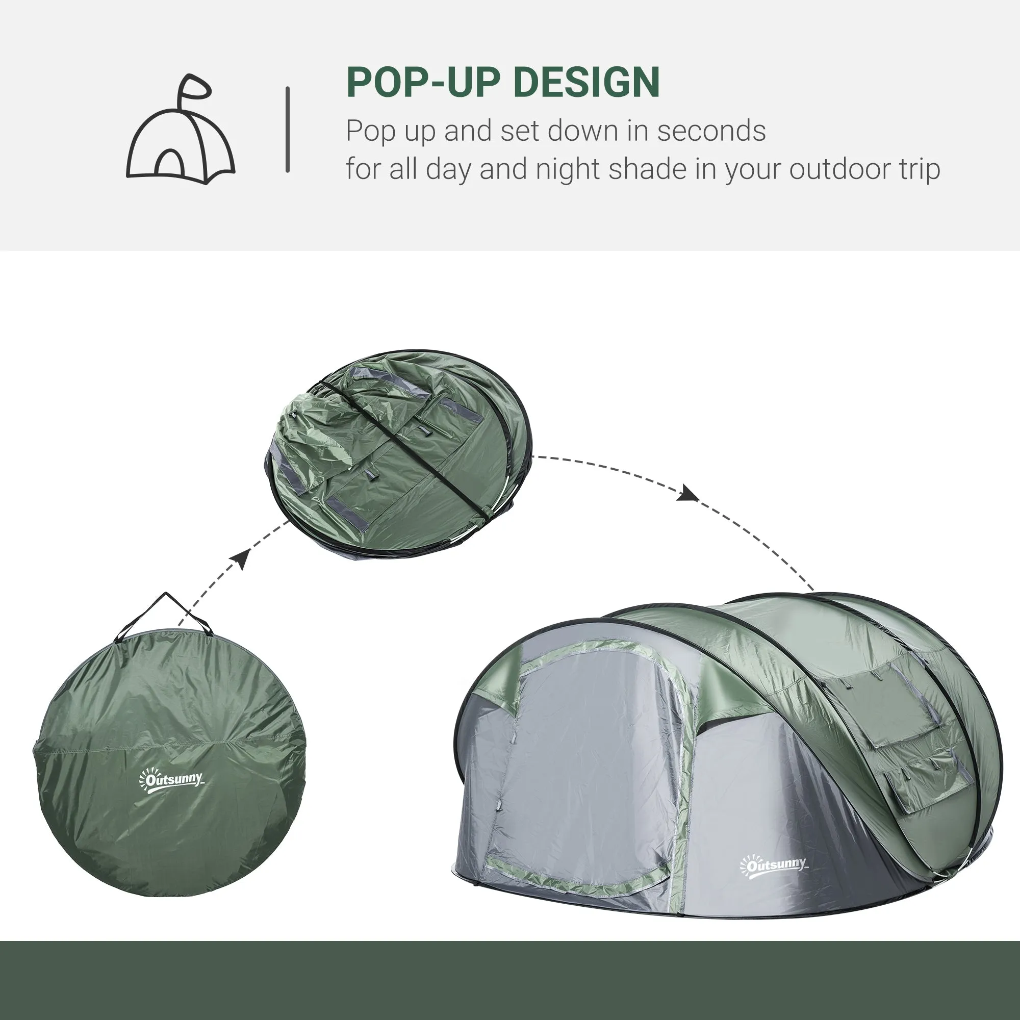 4-5 Person Pop-up Camping Tent Waterproof Family TentWith 2 Mesh Windows & PVC Windows Portable Carry Bag for Outdoor Trip Dark Green