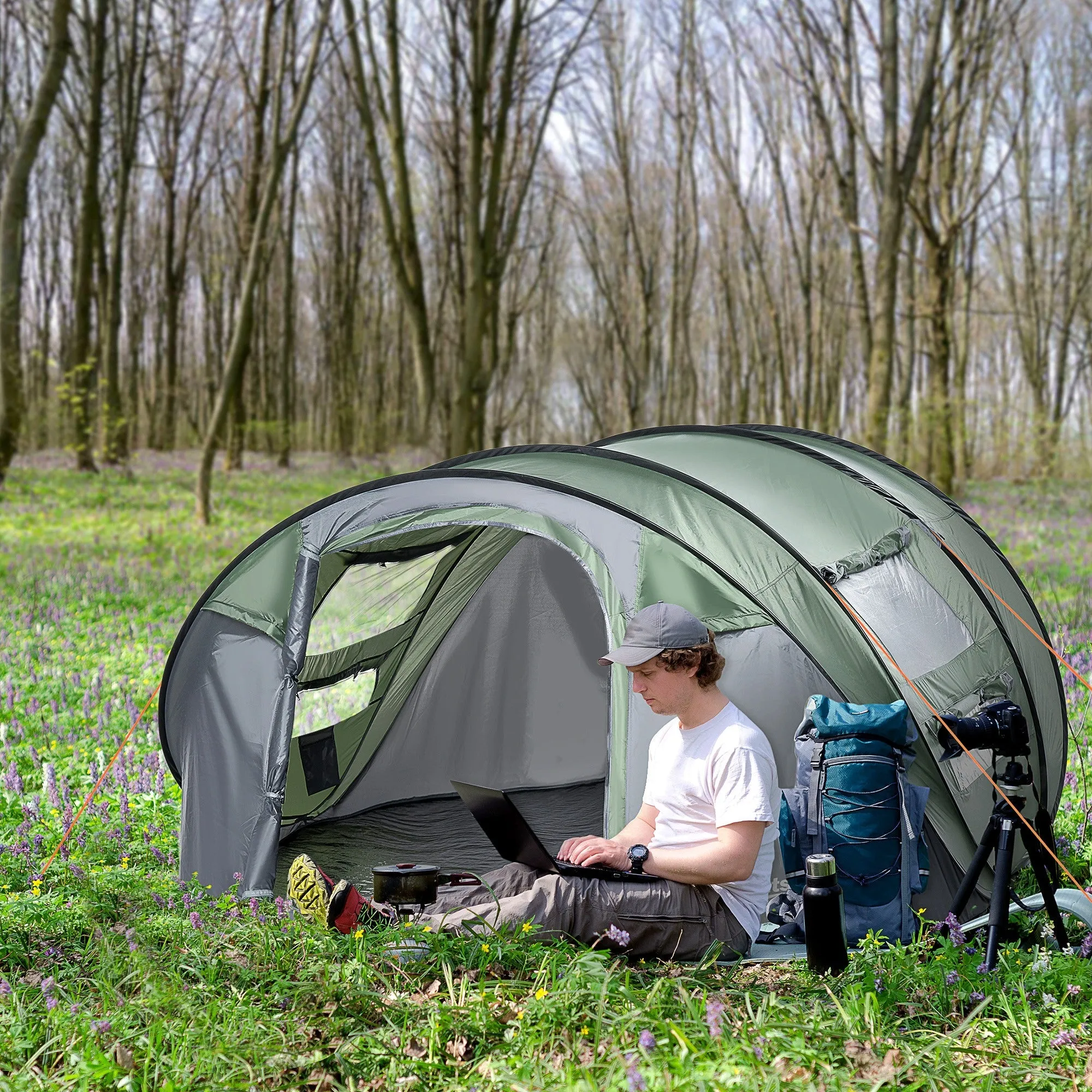 4-5 Person Pop-up Camping Tent Waterproof Family TentWith 2 Mesh Windows & PVC Windows Portable Carry Bag for Outdoor Trip Dark Green