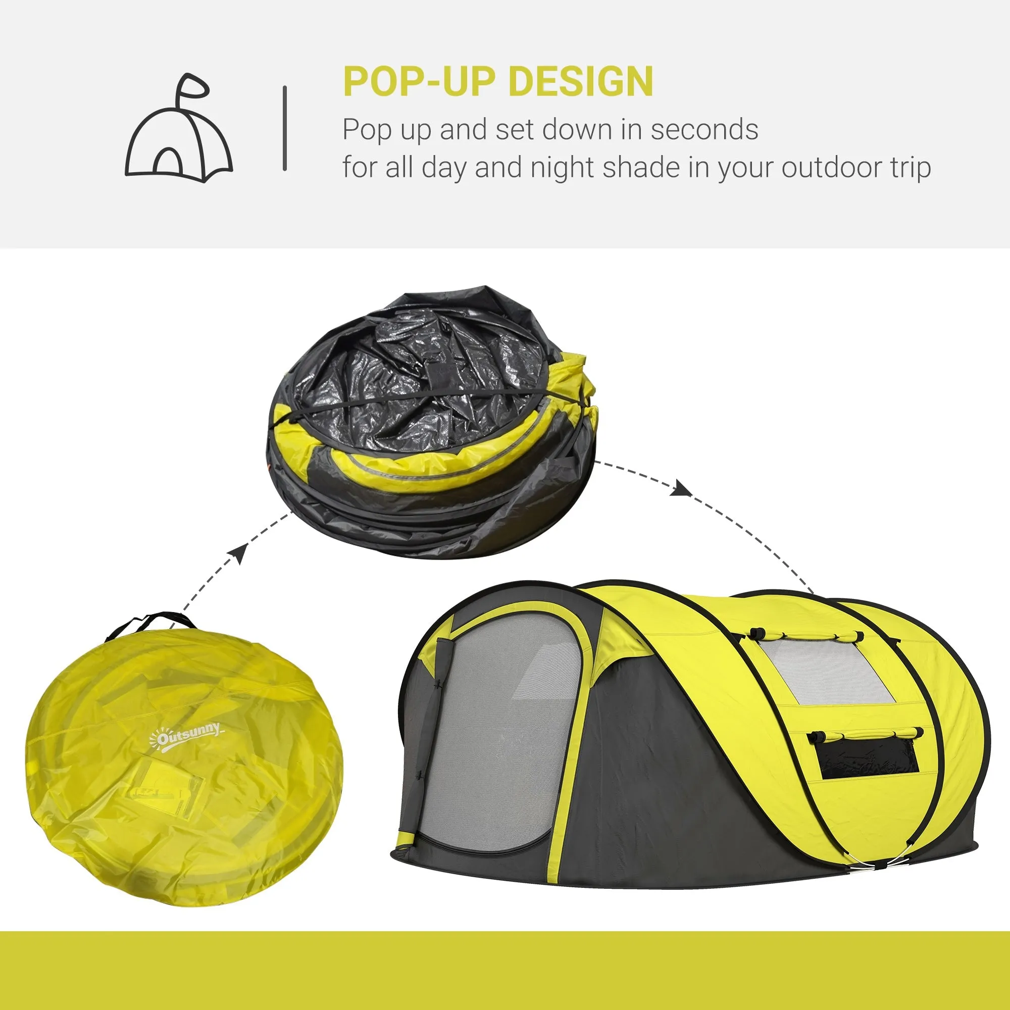 4-5 Person Pop-up Camping Tent Waterproof Family TentWith 2 Mesh Windows & PVC Windows Portable Carry Bag for Outdoor Trip Yellow