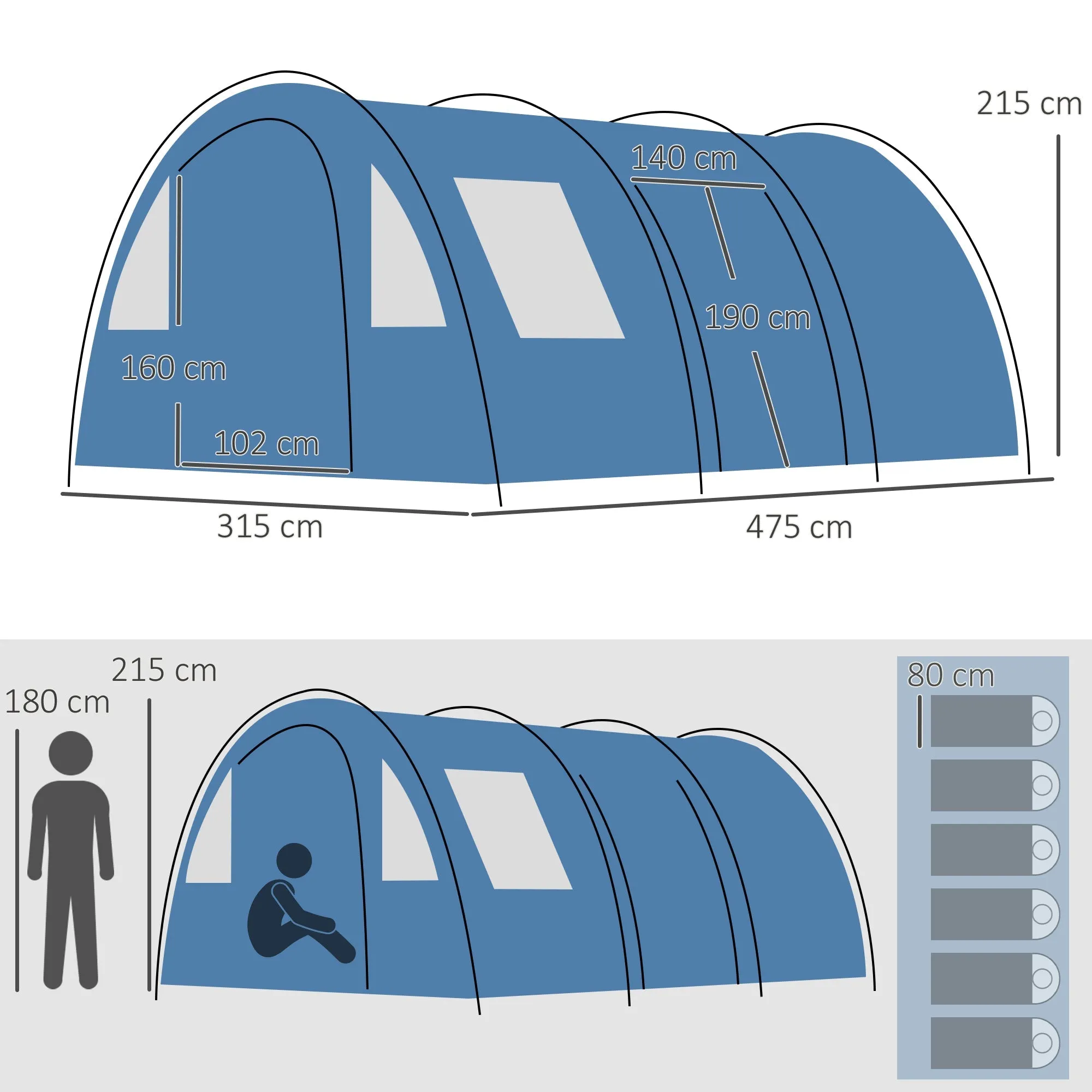 5-6 Man Tunnel Tent Two Room Camping Tent with Sewn-In Floor 2 Doors and Carry Bag 2000mm Water Column for Fishing Hiking Sports