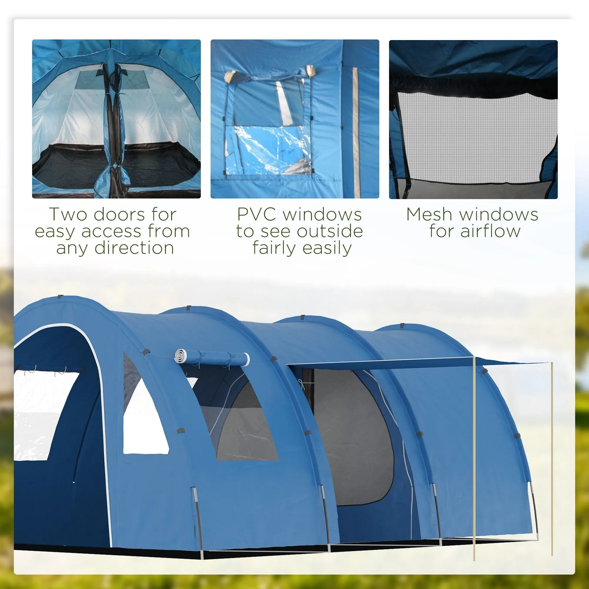 5-6 Man Tunnel Tent Two Room Camping Tent with Sewn-In Floor 2 Doors and Carry Bag 2000mm Water Column for Fishing Hiking Sports