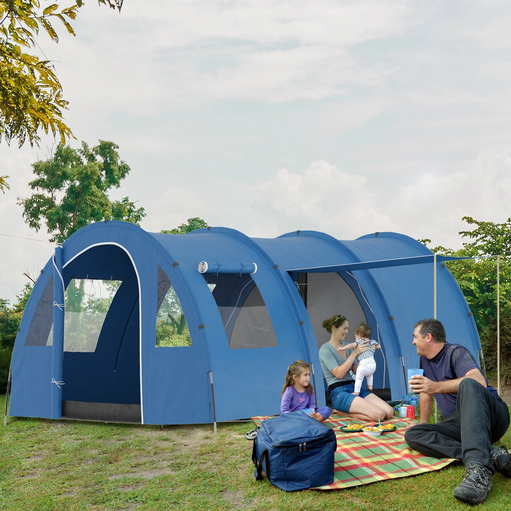 5-6 Man Tunnel Tent Two Room Camping Tent with Sewn-In Floor 2 Doors and Carry Bag 2000mm Water Column for Fishing Hiking Sports
