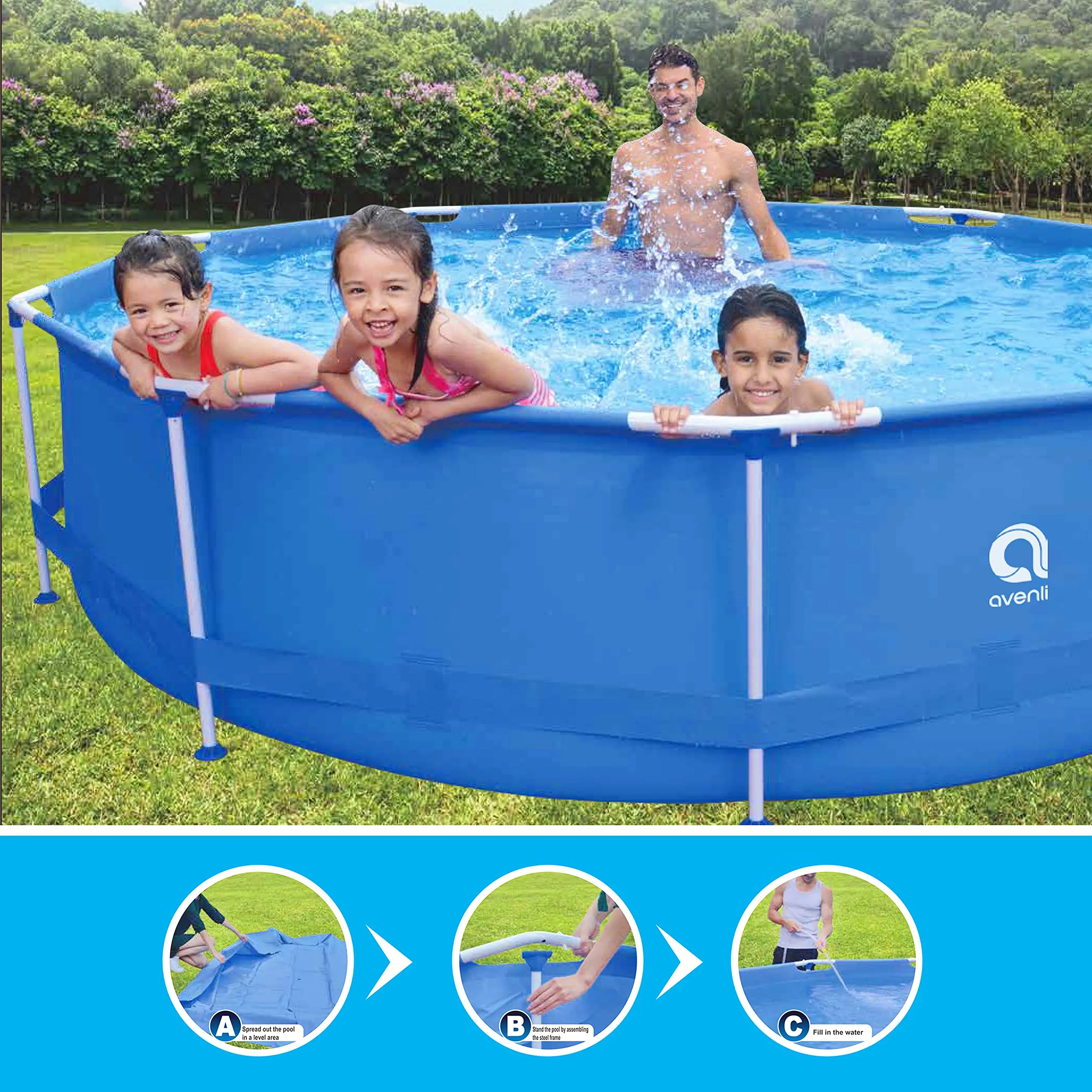 Avenli 98249 10ft Round Super Steel Family Pool/Heavy Duty Material/Easy to Install/Anti-Corrosion Technology/Ideal for Summer Garden Parties and BBQs