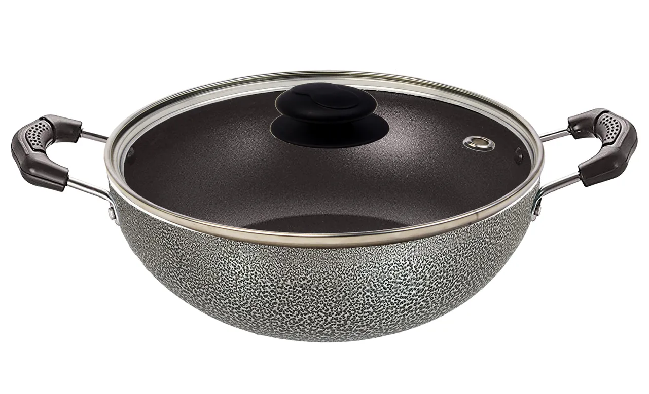 Bharu Nonstick 3 Pcs  Cooking Set ( Kadhai, Fry pan, Glass lid)