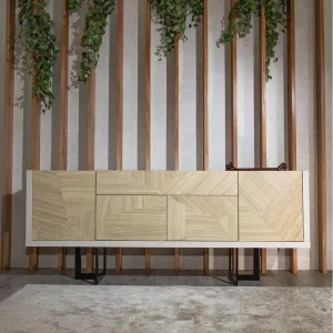 Celine 70.86 Buffet Stand with Push to Open Doors and Steel Legs in Off White and Nude Mosaic Wood By Manhattan Comfort