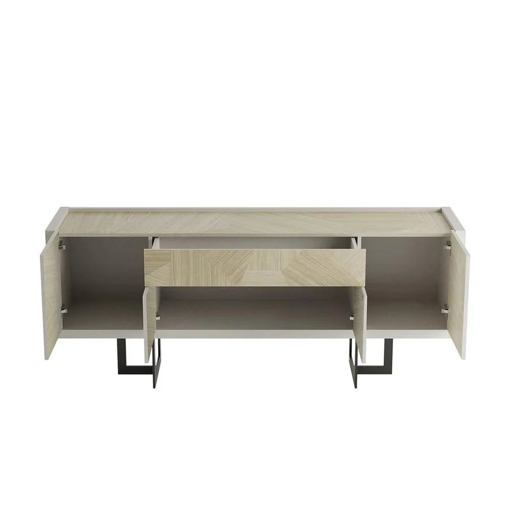 Celine 70.86 Buffet Stand with Push to Open Doors and Steel Legs in Off White and Nude Mosaic Wood By Manhattan Comfort