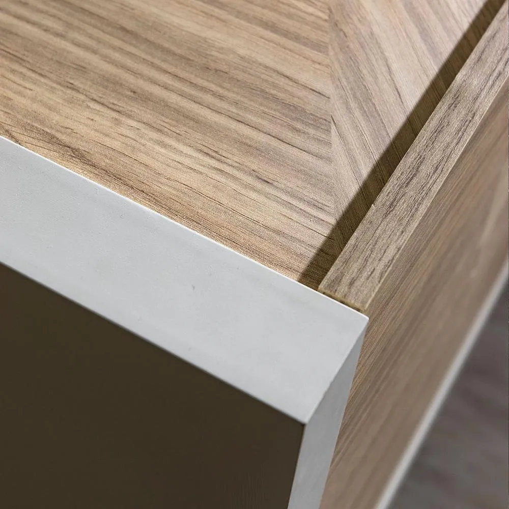 Celine 70.86 Buffet Stand with Push to Open Doors and Steel Legs in Off White and Nude Mosaic Wood By Manhattan Comfort