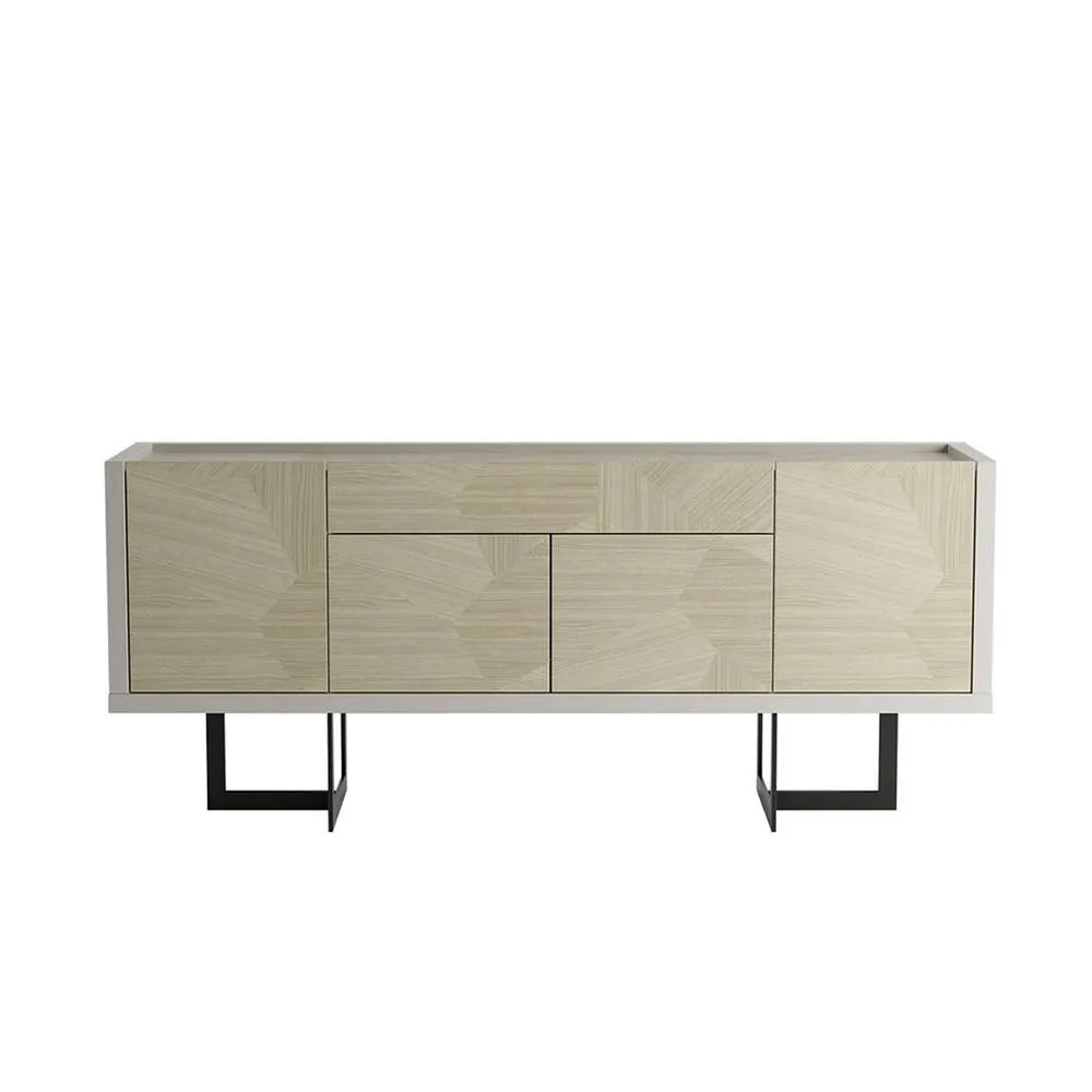 Celine 70.86 Buffet Stand with Push to Open Doors and Steel Legs in Off White and Nude Mosaic Wood By Manhattan Comfort