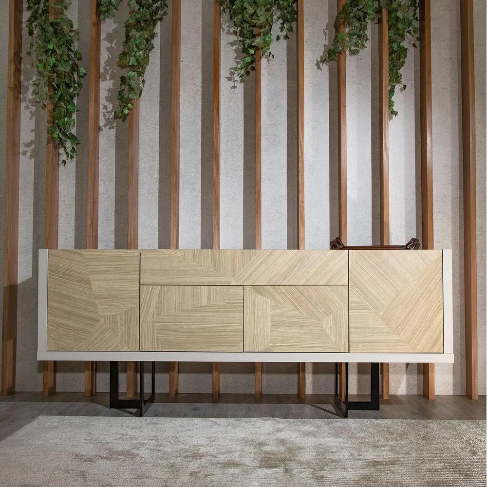 Celine 70.86 Buffet Stand with Push to Open Doors and Steel Legs in Off White and Nude Mosaic Wood By Manhattan Comfort