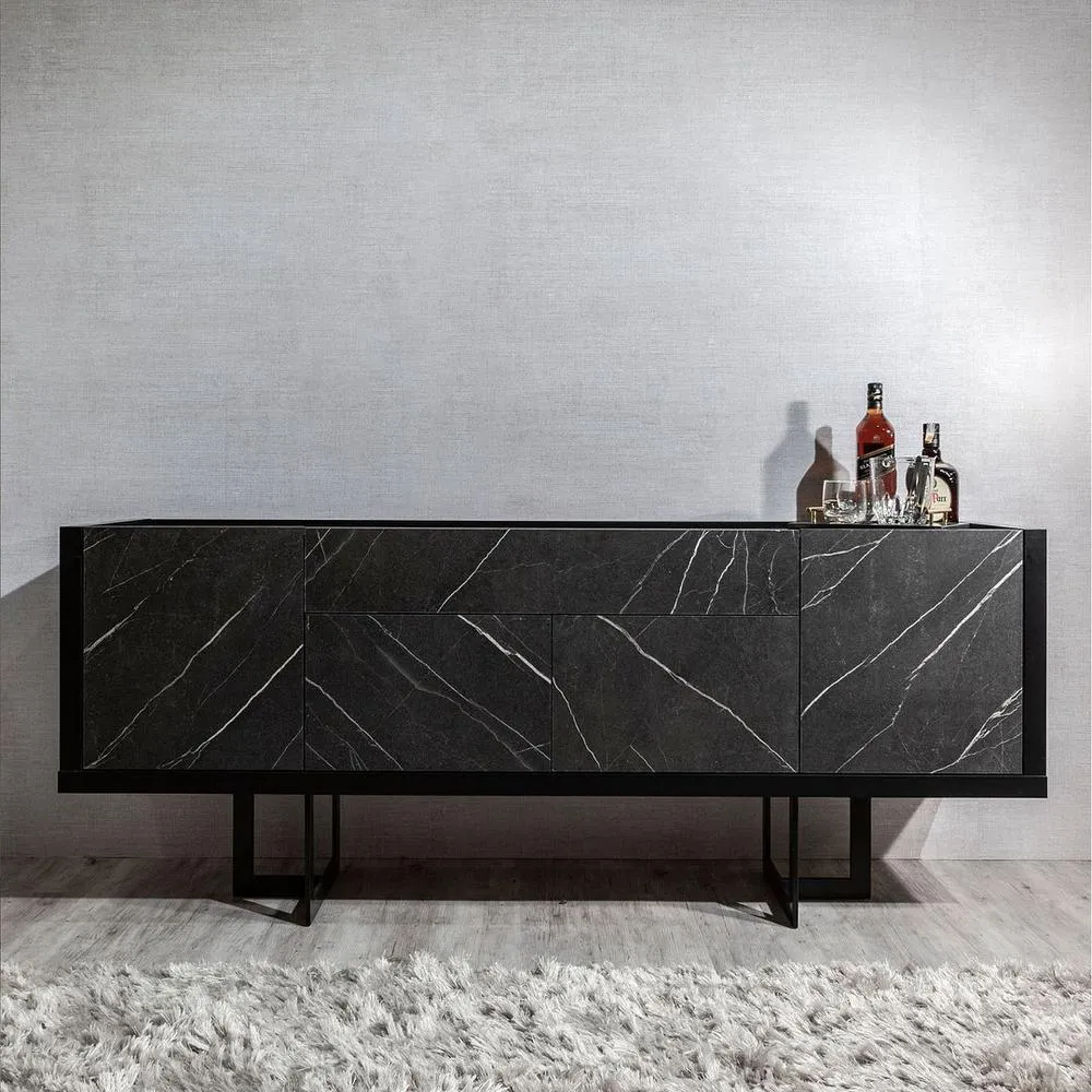 Celine 70.86 Buffet Stand with Push to Open Doors and Steel Legs in Off White and Nude Mosaic Wood By Manhattan Comfort