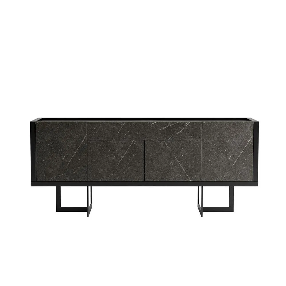 Celine 70.86 Buffet Stand with Push to Open Doors and Steel Legs in Off White and Nude Mosaic Wood By Manhattan Comfort