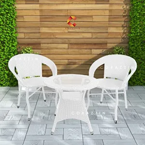 CORAZZIN Garden Patio Seating Chair and Table Set with Glass Balcony Outdoor Furniture with 1 Tables and 2 Chair Set (White)