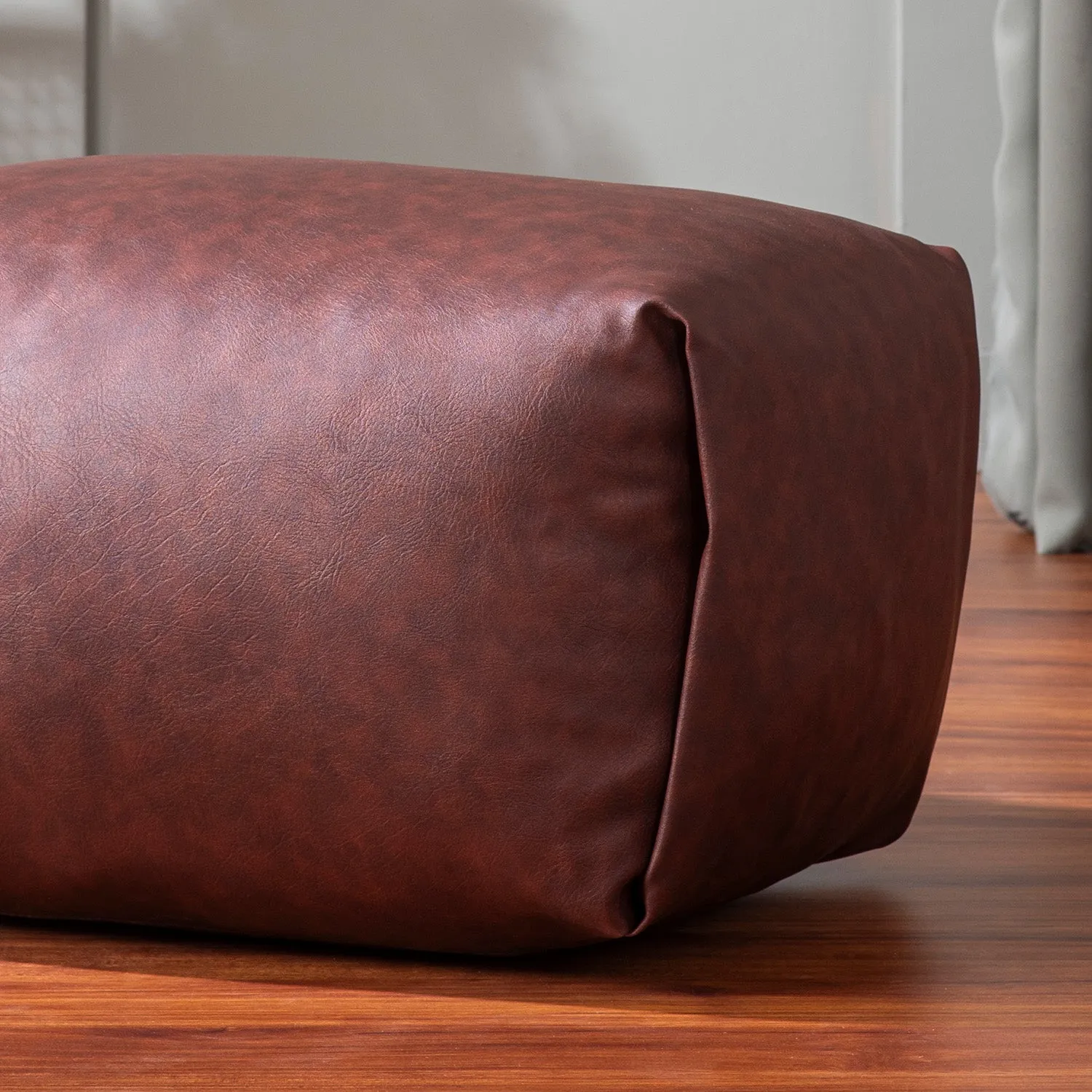 Cube Collection Brown Faux Leather Pouf Ottoman Set Of 2