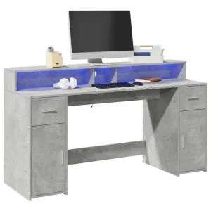 Desk with LED Lights Concrete Grey 160x55x91 cm Engineered Wood