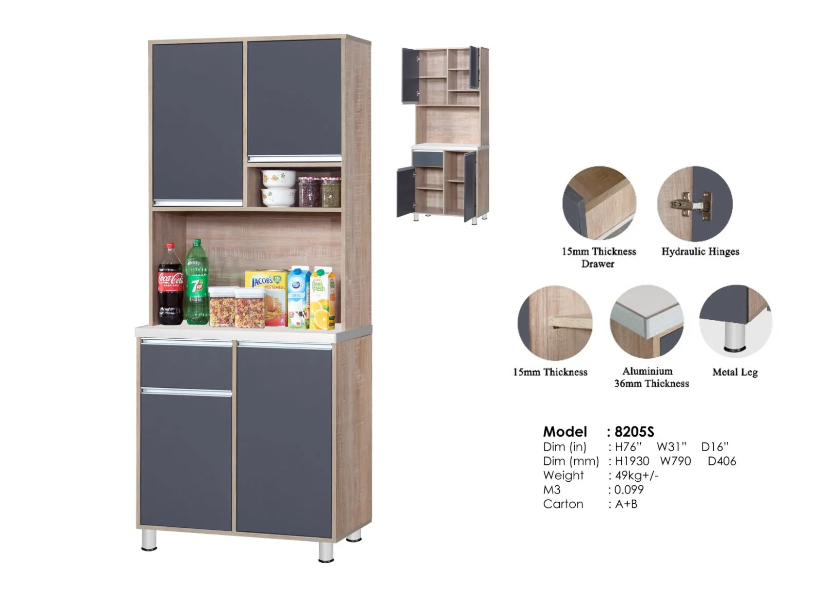 Ekol Series Best | Modern | Wooden Kitchen Storage Cabinet Up/Down 2-Door with 1-Drawer & Wall Storage Cabinet for Home Kitchen, Multi Function, Organizers - Dark Grey 8205S-KC