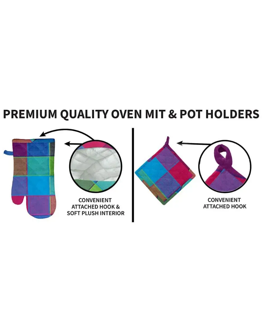 Fancy Checks Cotton Oven Mitten & Pot Holders Set