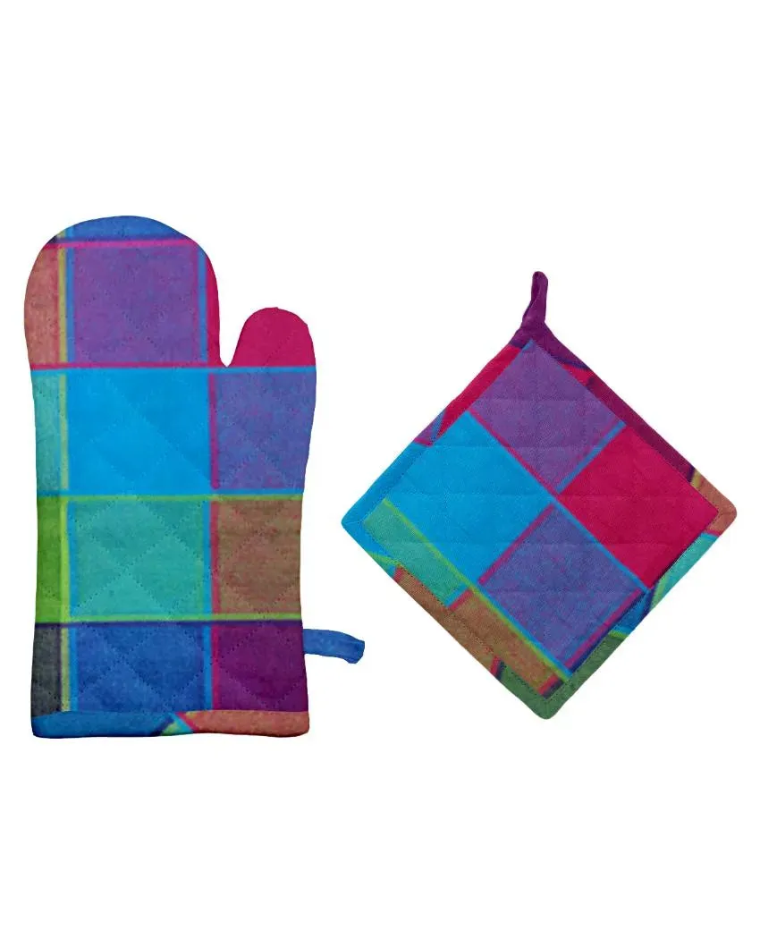 Fancy Checks Cotton Oven Mitten & Pot Holders Set