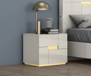 Glossy Grey & Gold Solid Wood Night Stand- Model Triton