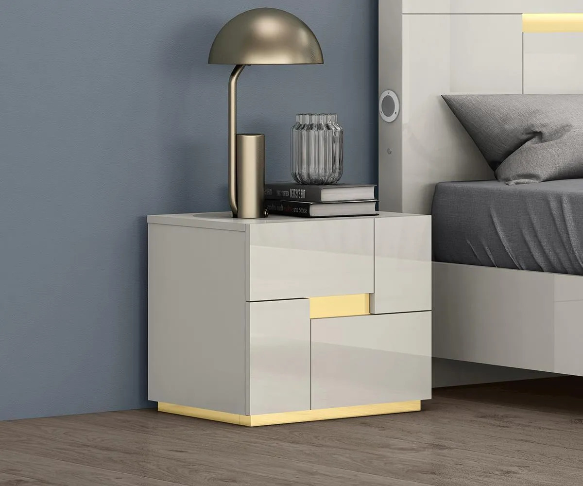 Glossy Grey & Gold Solid Wood Night Stand- Model Triton