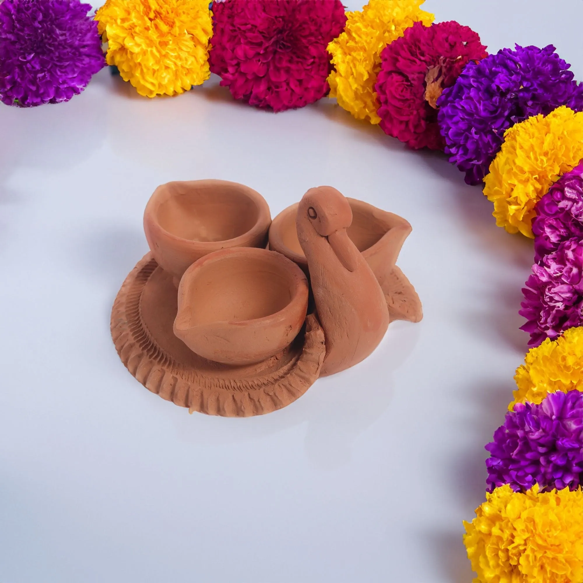 Handmade RajHans Terracotta Holder with 3 Diyas
