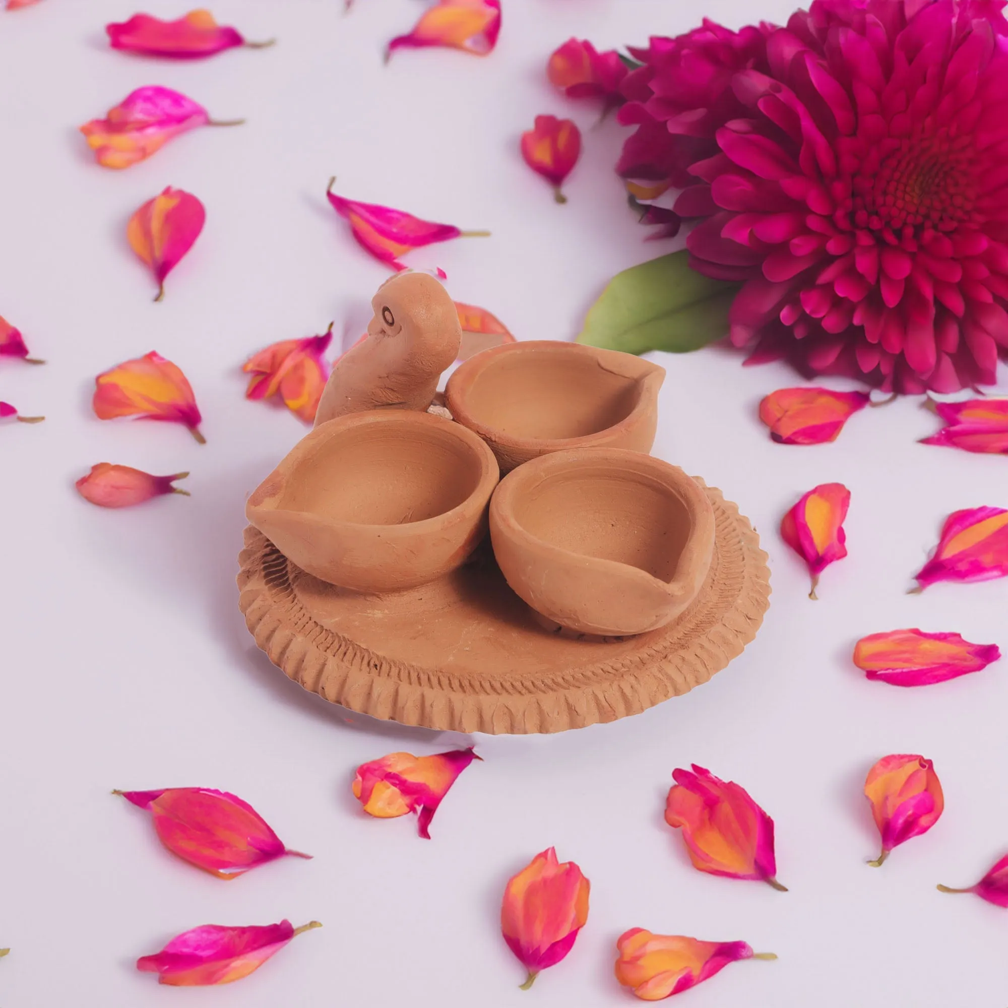 Handmade RajHans Terracotta Holder with 3 Diyas