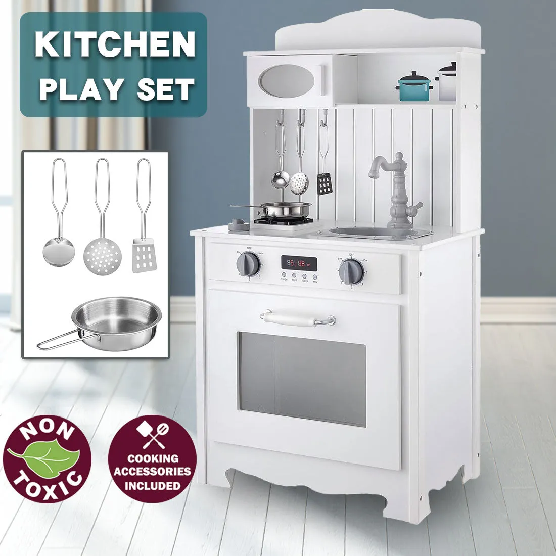 Kids Wooden Kitchen Pretend Play Set Toy Toddlers Children Cooking Food Cookware