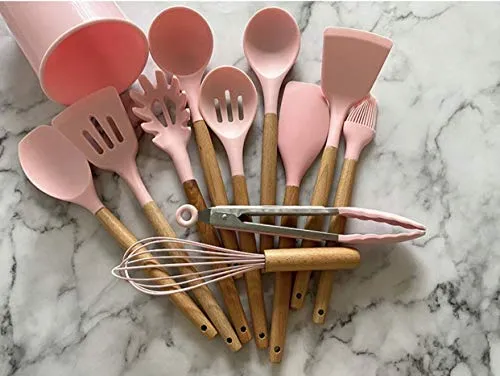 Kitchen Cooking Utensils Set 12 Pieces Silicone Wooden Handle High Heat Resistance Premium Silicone Kitchen Gadgets Spatula Set with Holder BPA Free (PINK)
