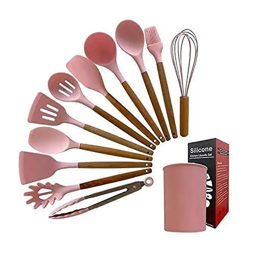 Kitchen Cooking Utensils Set 12 Pieces Silicone Wooden Handle High Heat Resistance Premium Silicone Kitchen Gadgets Spatula Set with Holder BPA Free (PINK)