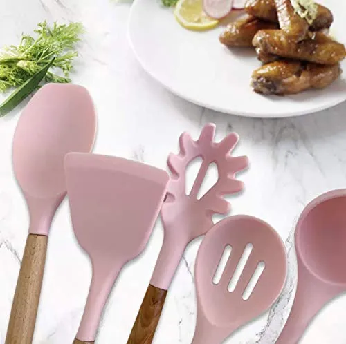 Kitchen Cooking Utensils Set 12 Pieces Silicone Wooden Handle High Heat Resistance Premium Silicone Kitchen Gadgets Spatula Set with Holder BPA Free (PINK)