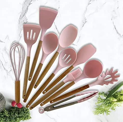 Kitchen Cooking Utensils Set 12 Pieces Silicone Wooden Handle High Heat Resistance Premium Silicone Kitchen Gadgets Spatula Set with Holder BPA Free (PINK)