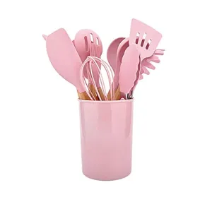 Kitchen Cooking Utensils Set 12 Pieces Silicone Wooden Handle High Heat Resistance Premium Silicone Kitchen Gadgets Spatula Set with Holder BPA Free (PINK)