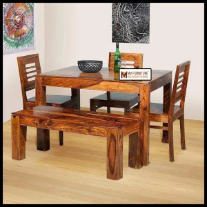 MV Furniture Furniture Sheesham Wood Dining Table with 3 Chairs, 1 Bench | 4 Seater Dining Set | Wooden Dining Table with Chair - Dining Room Furniture (Honey Finish)