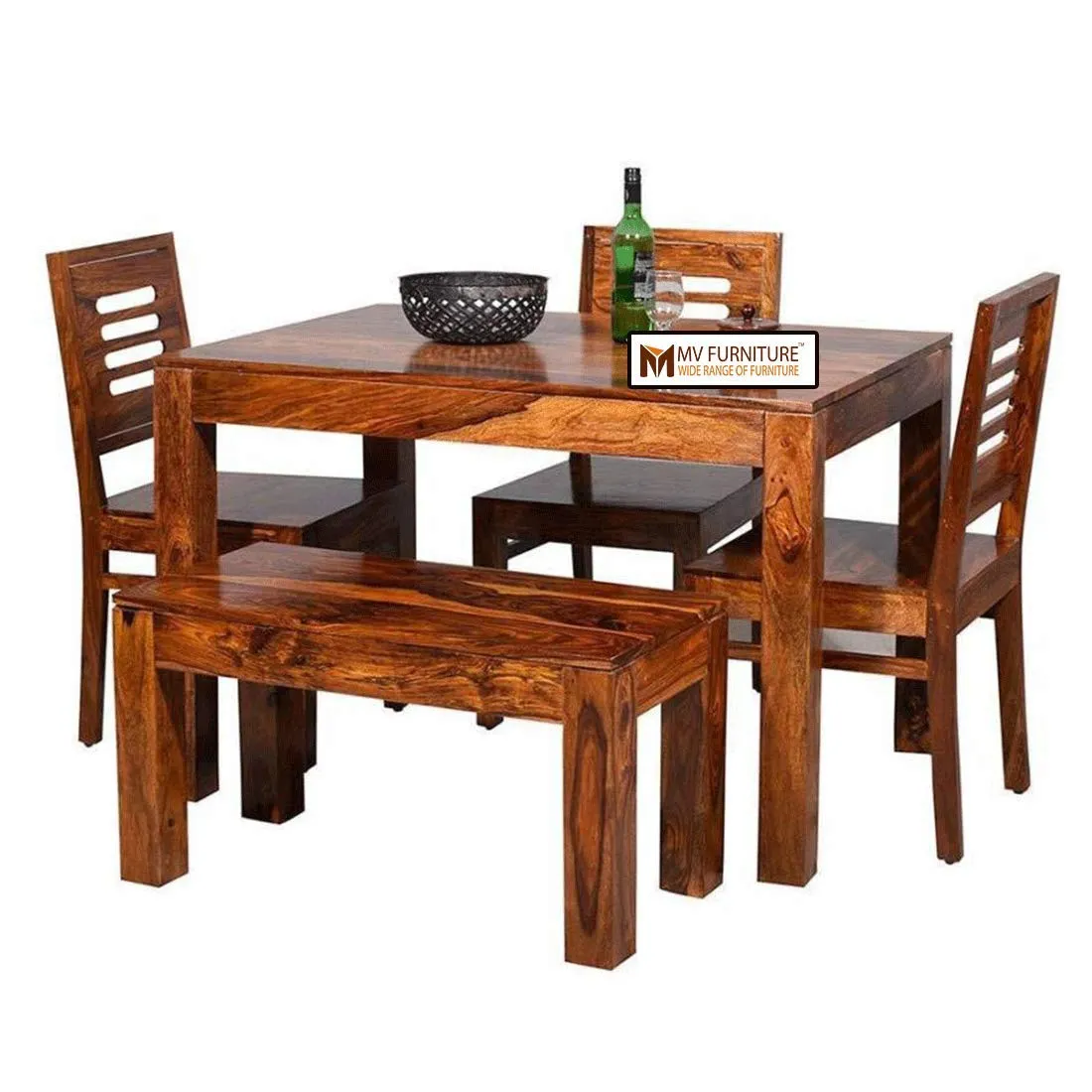 MV Furniture Furniture Sheesham Wood Dining Table with 3 Chairs, 1 Bench | 4 Seater Dining Set | Wooden Dining Table with Chair - Dining Room Furniture (Honey Finish)