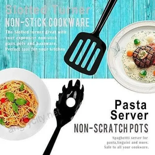 Nylon Ladle Kitchen Tool - Black Spoons for Non Stick Cookware Spatula, Turner, Ladle, Spaghetti Server, Slotted & Solid Spoon (Set of 6)