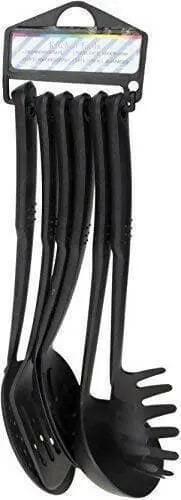Nylon Ladle Kitchen Tool - Black Spoons for Non Stick Cookware Spatula, Turner, Ladle, Spaghetti Server, Slotted & Solid Spoon (Set of 6)