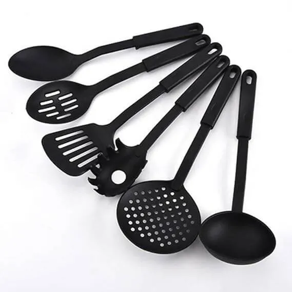 Nylon Ladle Kitchen Tool - Black Spoons for Non Stick Cookware Spatula, Turner, Ladle, Spaghetti Server, Slotted & Solid Spoon (Set of 6)