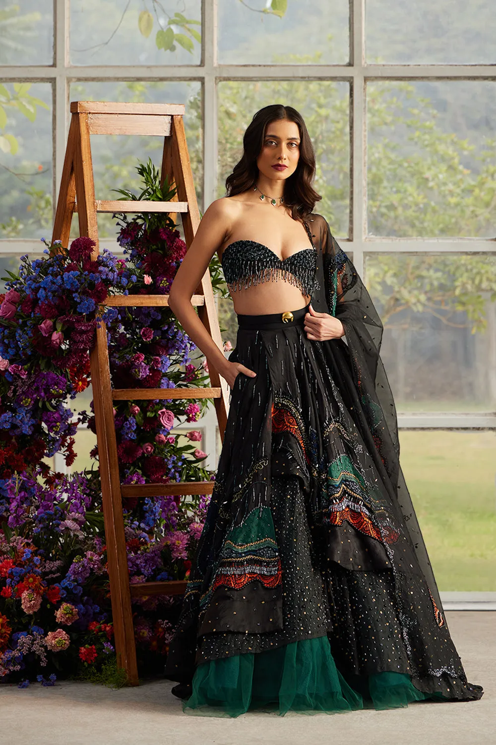 Onyx Roza Layered Skirt with Beaded Bustier and Dupatta