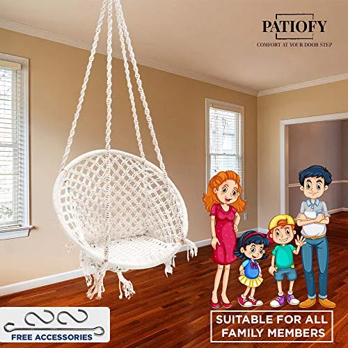 Patiofy Made in India Large Size Swing Chair|with Free Complete Hanging Kit Hammock-Hanging Chair Handmade 100% Cotton for Comfort Indoor and Outdoor (Swing with Accessories)