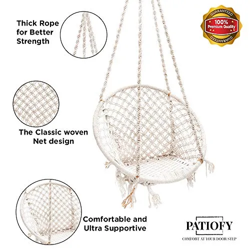Patiofy Made in India Large Size Swing Chair|with Free Complete Hanging Kit Hammock-Hanging Chair Handmade 100% Cotton for Comfort Indoor and Outdoor (Swing with Accessories)