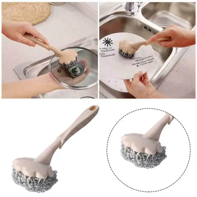 Stainless Steel Long Handle Wire Ball Brush Kitchen Hanging Cleaning Brush Pan Kitchen Dish Handle Washing Tool