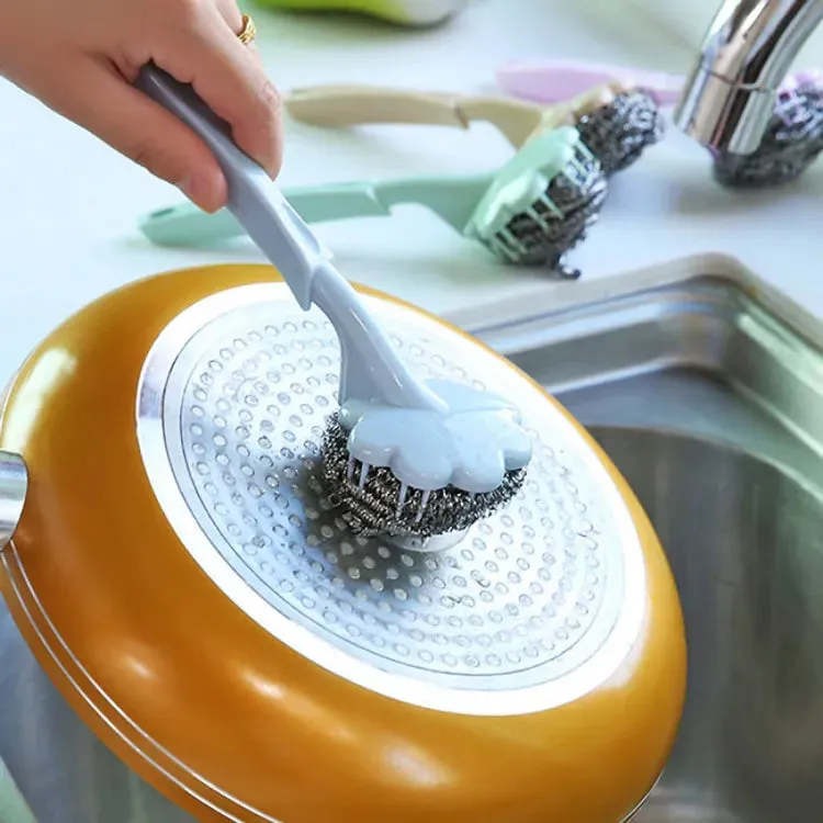 Stainless Steel Long Handle Wire Ball Brush Kitchen Hanging Cleaning Brush Pan Kitchen Dish Handle Washing Tool