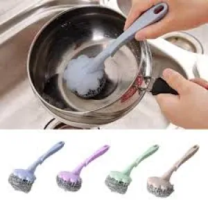 Stainless Steel Long Handle Wire Ball Brush Kitchen Hanging Cleaning Brush Pan Kitchen Dish Handle Washing Tool