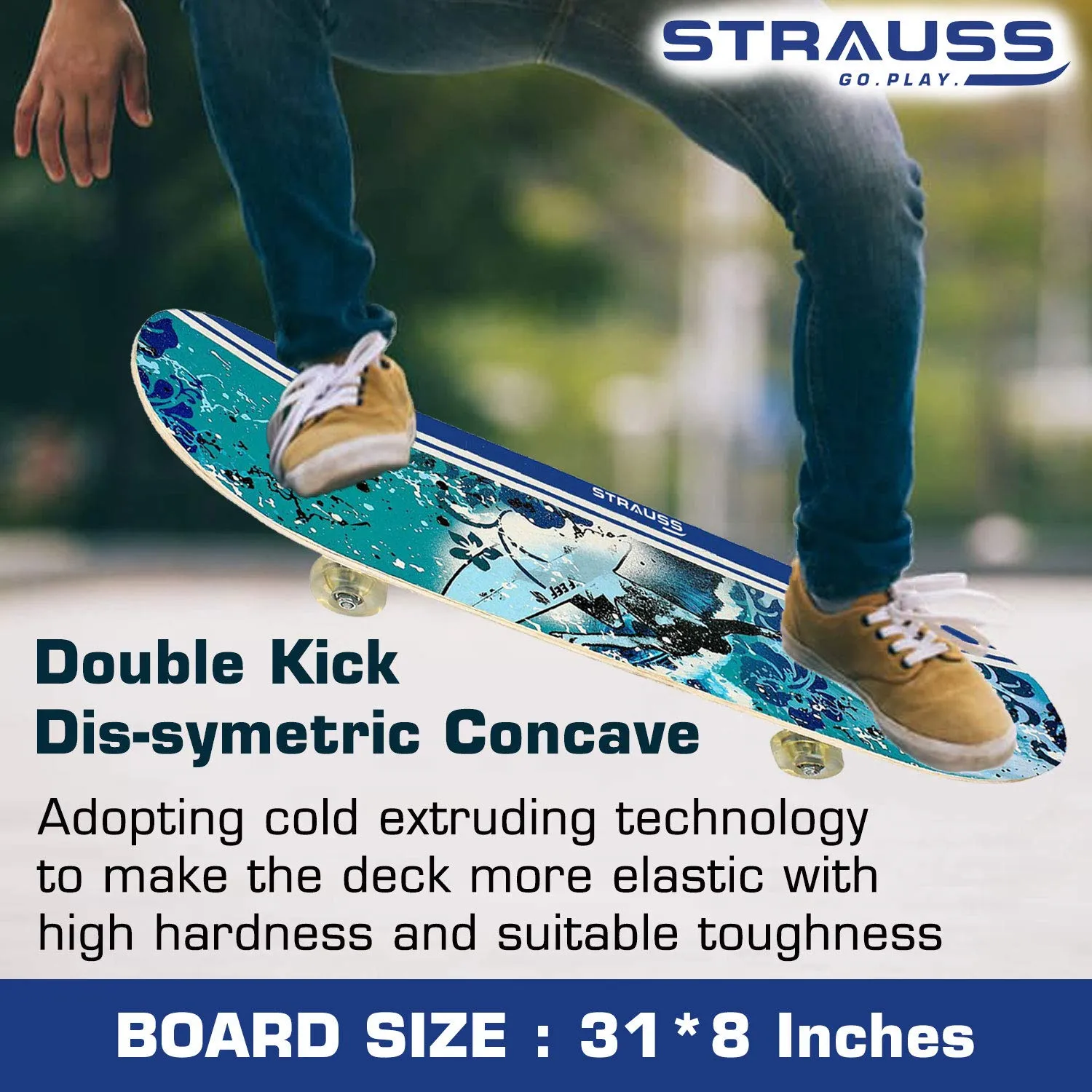 Strauss Bronx FT Skateboard, (31" x 8") with Protective Gear, Blue